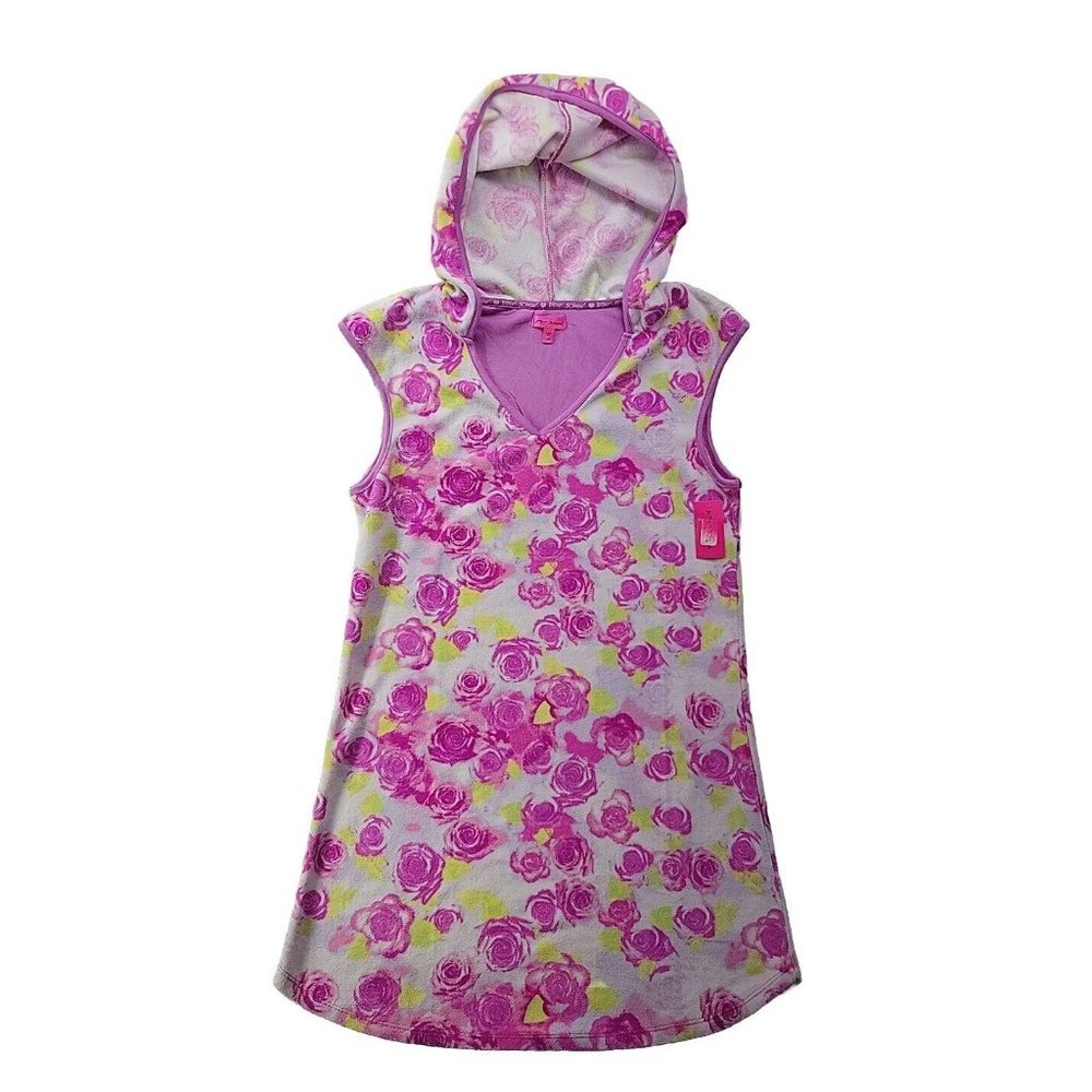 NEW Betsy Johnson M Pink Rose Tunic Terry Cloth Bathing Suit Cover Up Hood Soft